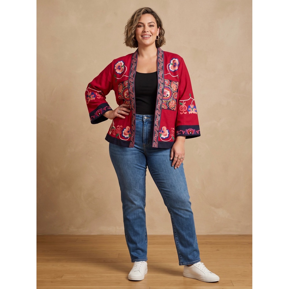 Vintage Summersalt The Embroidered Kimono Jacket Red Floral Boho Open Front XXL